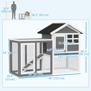 49" Weatherproof Wooden Rabbit Hutch With Slant Roof And Screened Outdoor Run, Grey