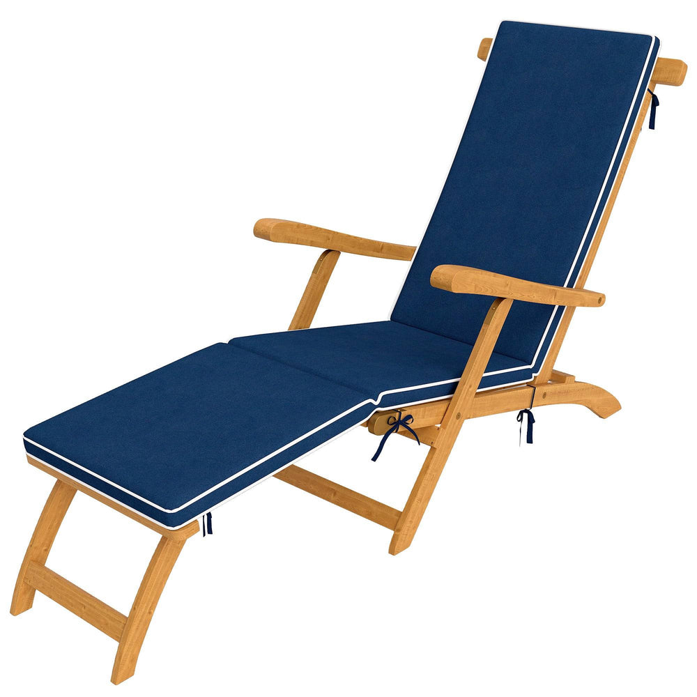 Chaise longue pliante avec coussin rembourré, inclinable en bois d'acacia avec repose-pieds pour jardin, bleu marine