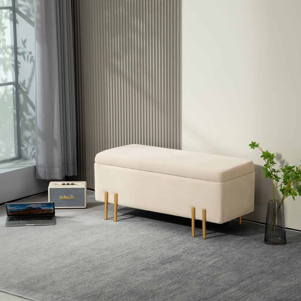 Banc ottoman de rangement rabattable avec pieds en métal, beige