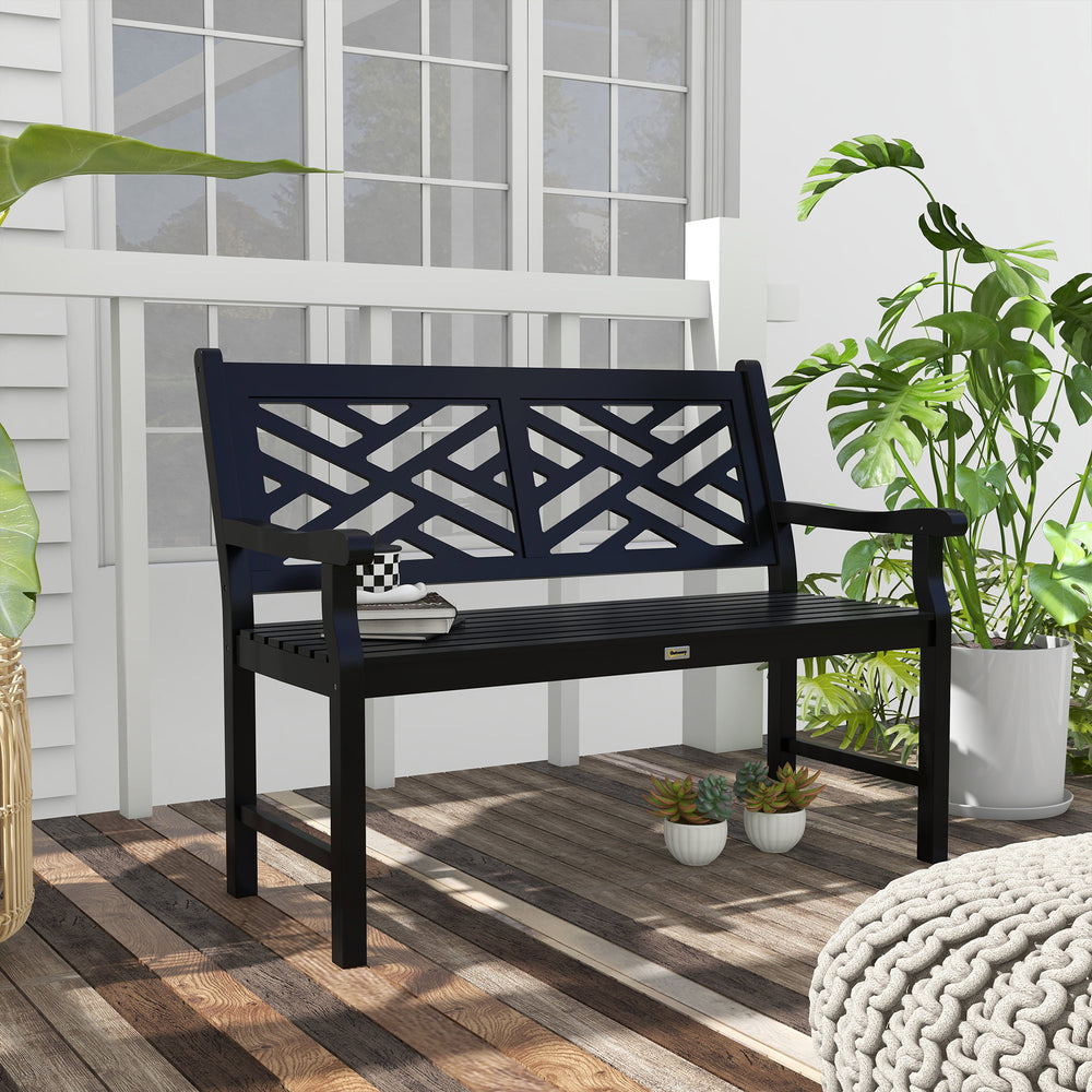 Banc d'extérieur en bois avec cadre à lattes et accoudoirs, 2 places, noir