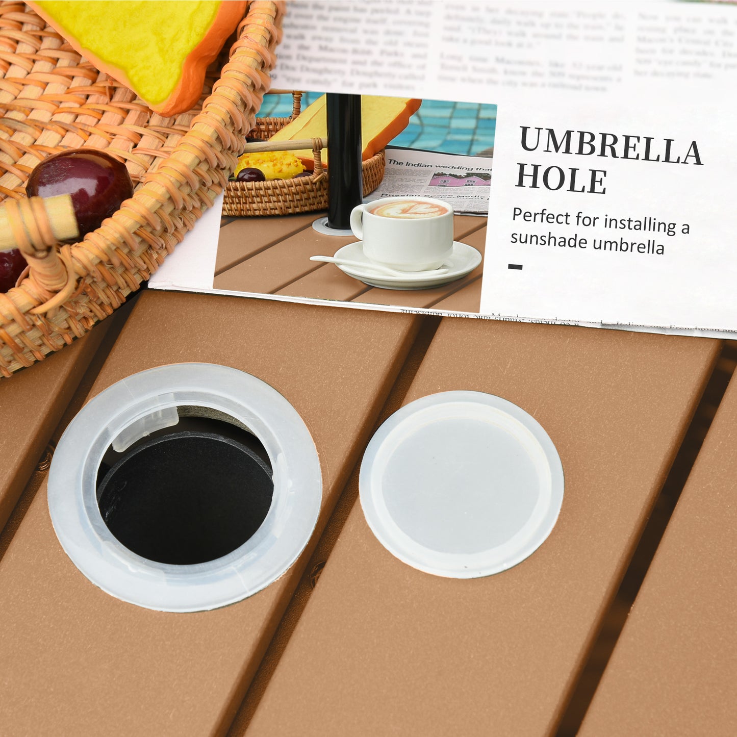 Outsunny 55cm Square Rattan Table with Umbrella Hole, Outdoor Patio Side Table, Can Be Used as an Umbrella Stand, Brown