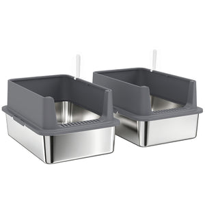 2 Pack XL Stainless Steel Litter Box with Scoops, High-Sided, for Large and Multiple Cats, Anti-Urine Leakage