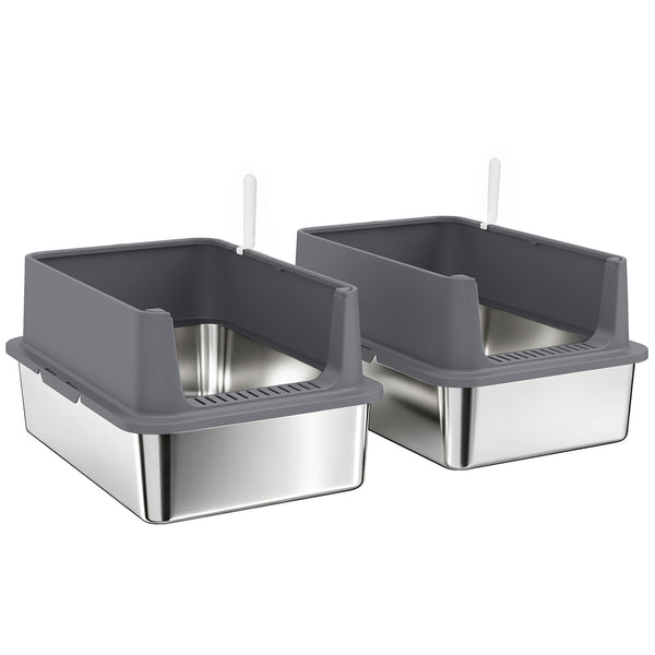 2 Pack XL Stainless Steel Litter Box with Scoops, High-Sided, for Large and Multiple Cats, Anti-Urine Leakage