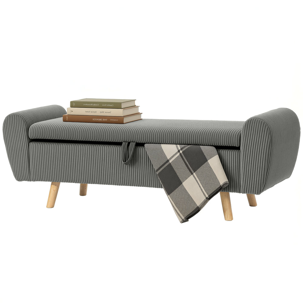 Storage Ottoman, 59" Corduroy End of Bed Storage Bench for King Size Bed with Wooden Legs and Rolled Arms, Dark Gray