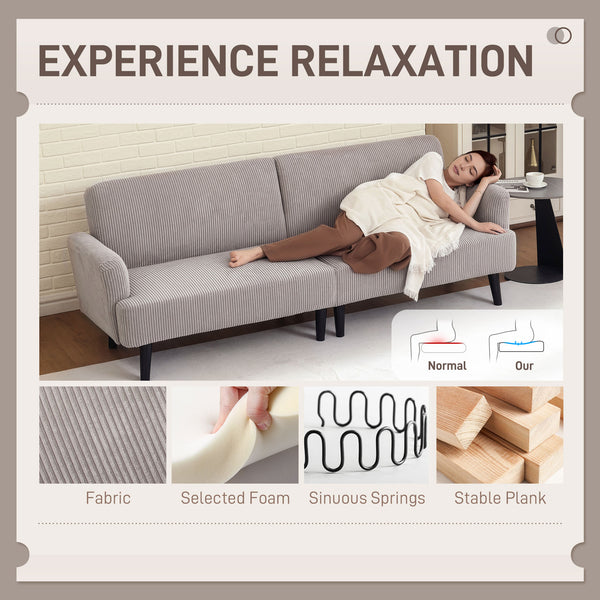 Canapé 3 places en velours côtelé avec pieds en hévéa et assise extra-large, gris clair