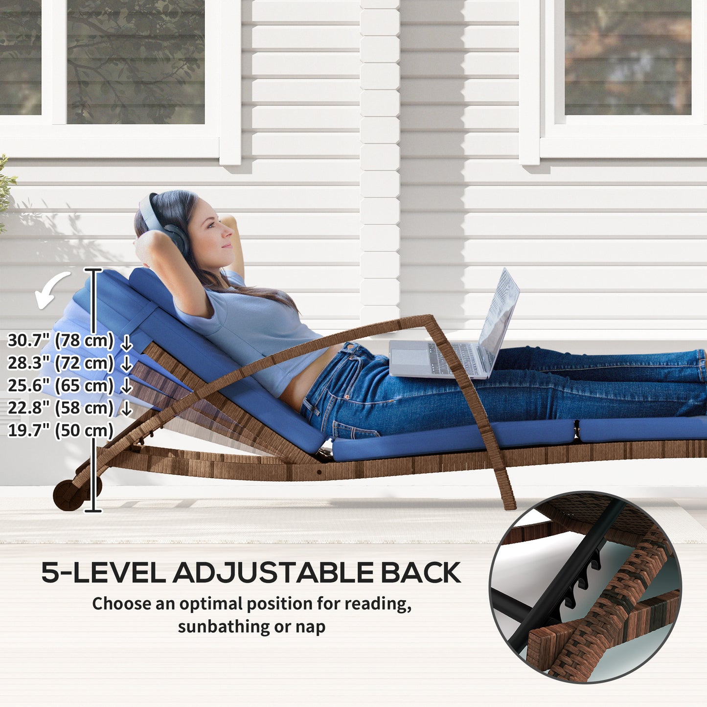 Lot de 2 chaises longues d'extérieur en osier avec dossier réglable sur 5 niveaux, roulettes, coussin et accoudoirs, bleu