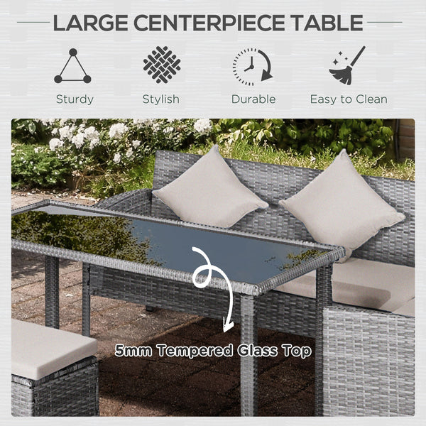 Ensemble de mobilier 5 pièces en résine tressée avec coussins, table et poufs, blanc crème
