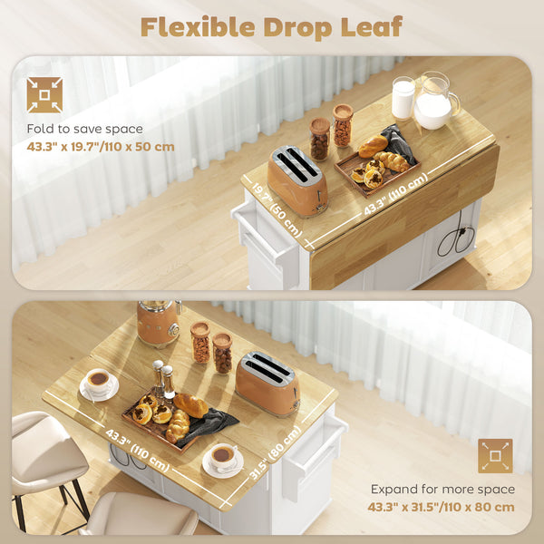 Portable kitchen island with charging station, fold-down rubberwood tabletop, waste storage, white