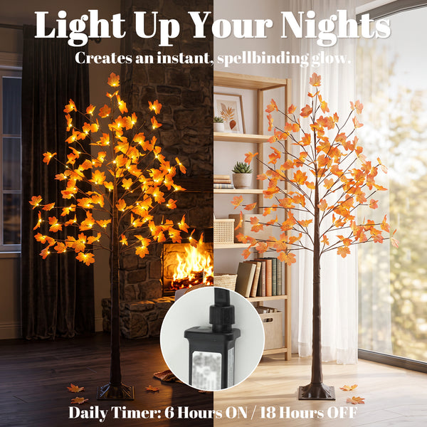 6FT Artificial Lighted Maple Tree with 96 LED Lights, Daily Timer, Fall Decoration with Bendable Branches