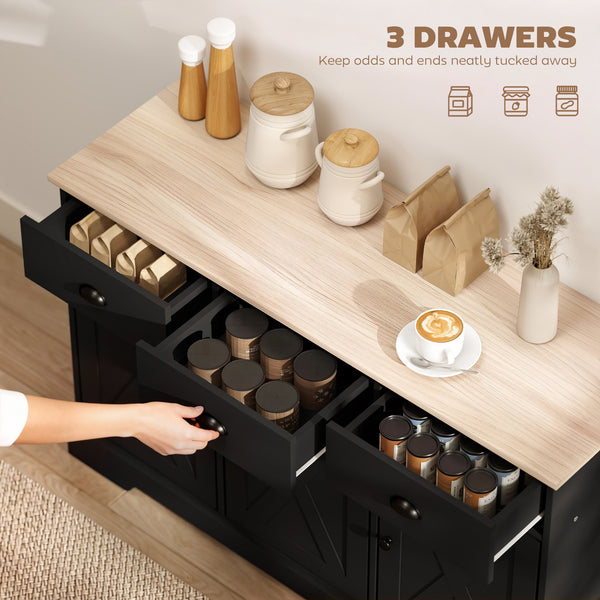 Farmhouse style sideboard, with 3 sliding doors and 3 drawers, for living room or kitchen, black.