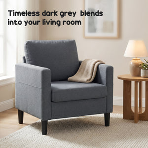 Fauteuil moderne rembourré avec assise et accoudoirs épais et rembourrés, gris foncé