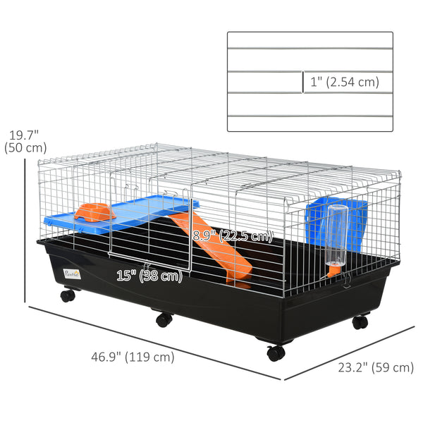 Cage à roulettes 47" avec une gamelle, un biberon et une rampe d'accès