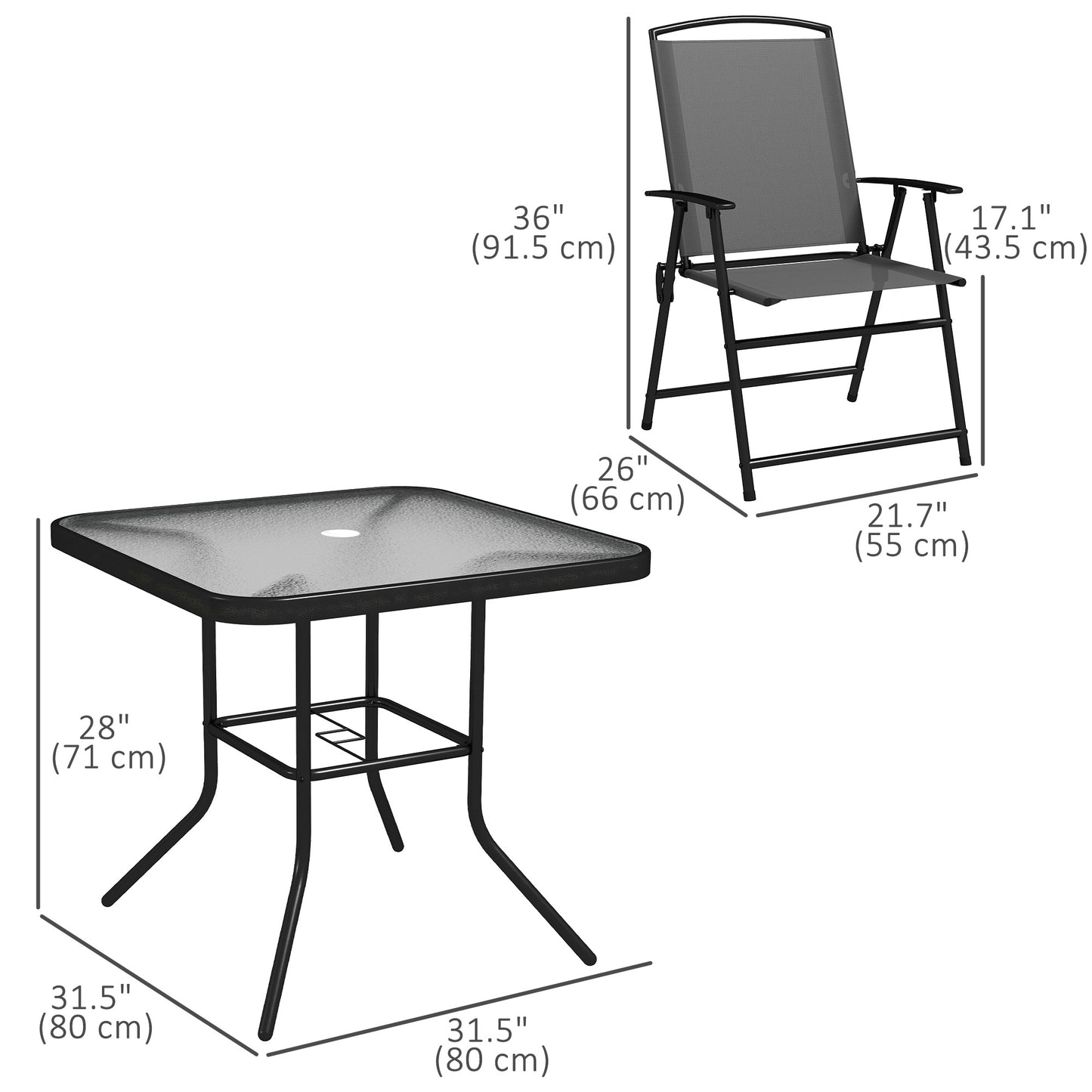 Outsunny 5 Piece Outdoor Dining Set with Glass Table and 4 Folding Mesh Chairs, Small Garden Furniture, Grey
