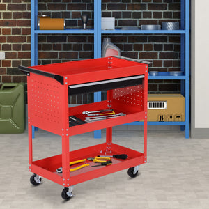 Utility trolley with ball-bearing drawer for garage, warehouse, workshop, red