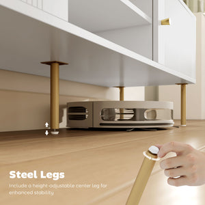 TV stand for TVs up to 65 inches with 2 open shelves, 2 cupboards and steel legs, white