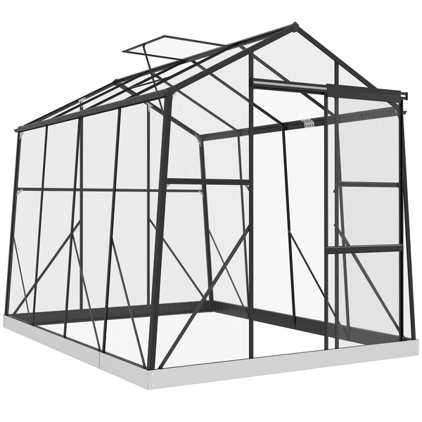 Polycarbonate greenhouse with sliding door, 5-level roof ventilation and gutter