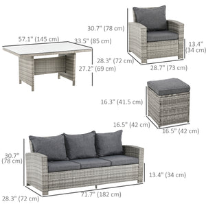 Ensemble de meubles de jardin 6 pièces, en rotin, avec canapé 3 places, fauteuils, repose-pieds et table, gris clair