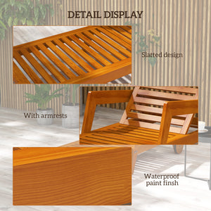 Wood Lounge Chair Outdoor Tanning Chair with Wheels, 3-Position Adjustable Backrest and Armrests, Orange