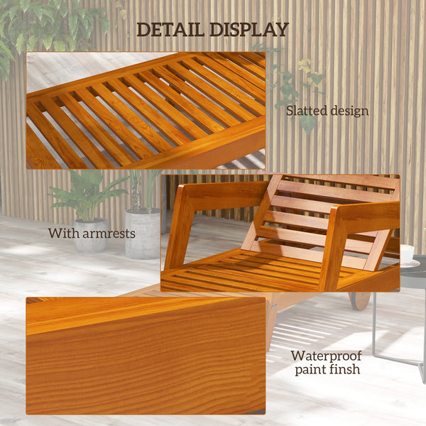 Wood Lounge Chair Outdoor Tanning Chair with Wheels, 3-Position Adjustable Backrest and Armrests, Orange