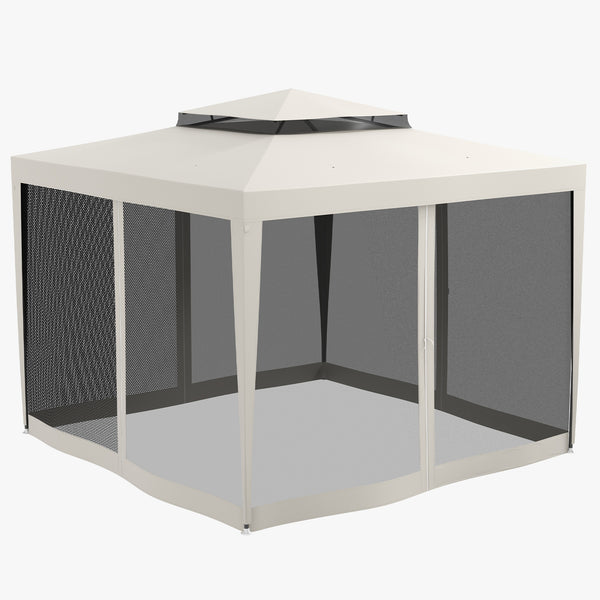 Gazebo 10' x 10' avec filet en maille et toit à deux niveaux pour jardin, terrasse, blanc crème