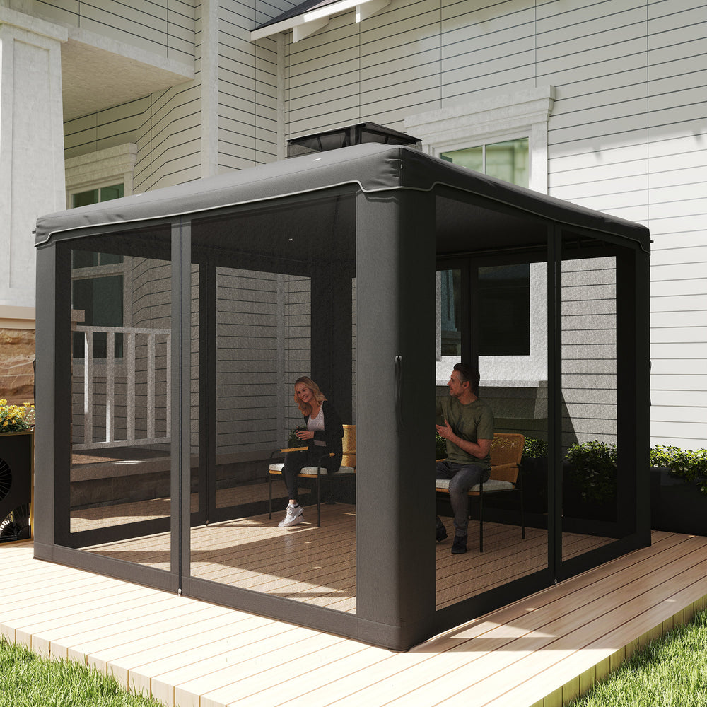 Pavillon de jardin 9.6' x 9.6' structure en acier avec moustiquaire, gris foncé