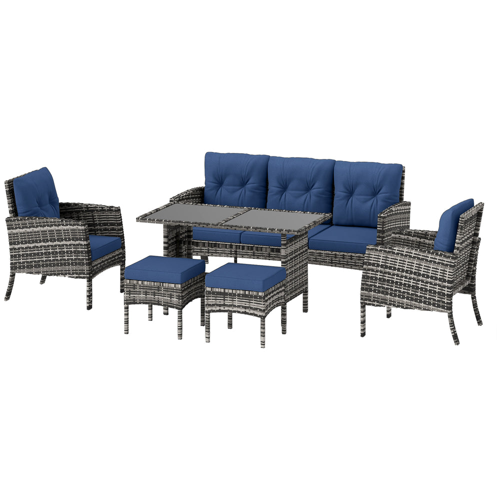 Ensemble de meubles de jardin 6 pièces avec chaises de jardin, poufs, canapé, table en verre et coussins, bleu marine