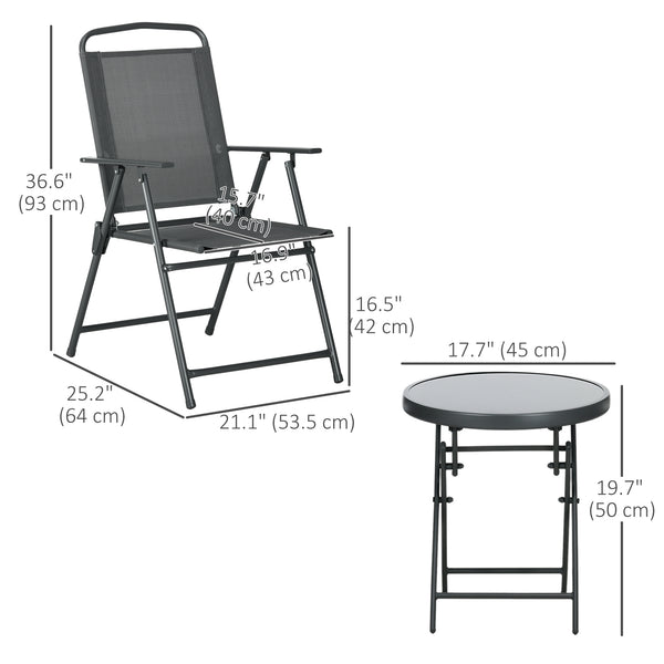 Ensemble bistro 3 pièces pliable avec chaises en maille et table en verre, gris anthracite