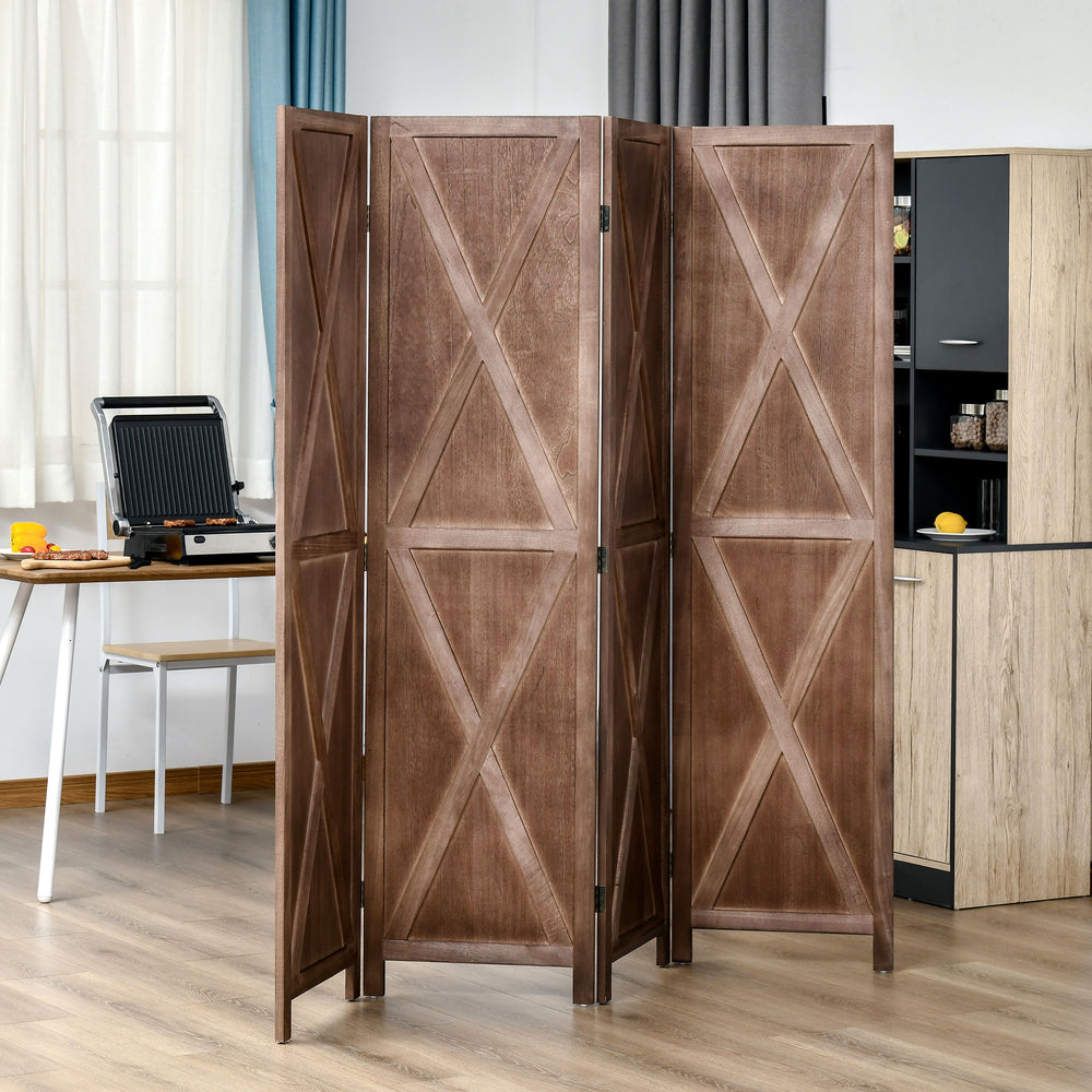 Cloison de séparation 4 panneaux style campagnard avec cadre en bois pliable, noyer