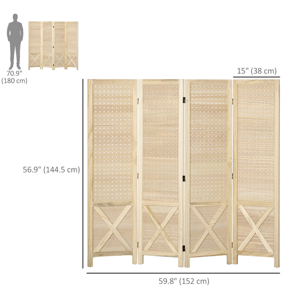 Paravent 4 panneaux en bois avec panneau perforé, naturel