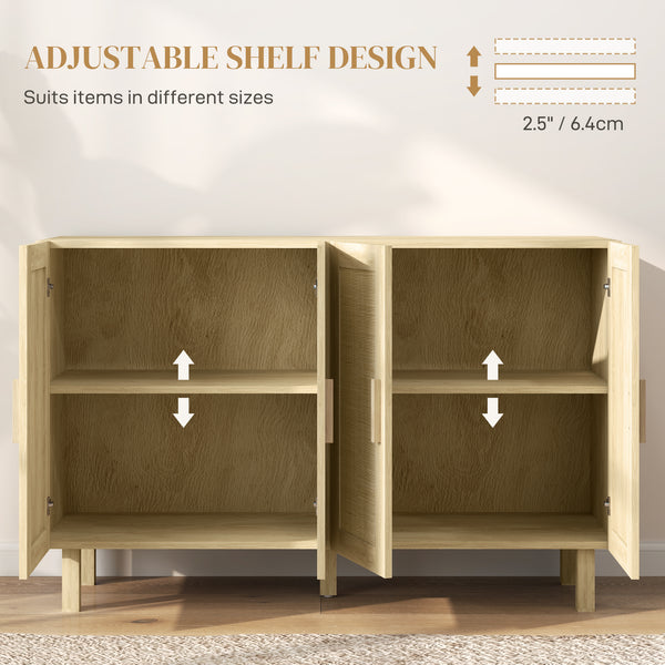 Storage sideboard with 4 rattan doors and adjustable shelves, natural