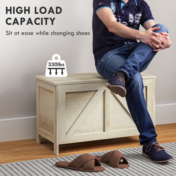Farmhouse-style storage chest with safety hinge