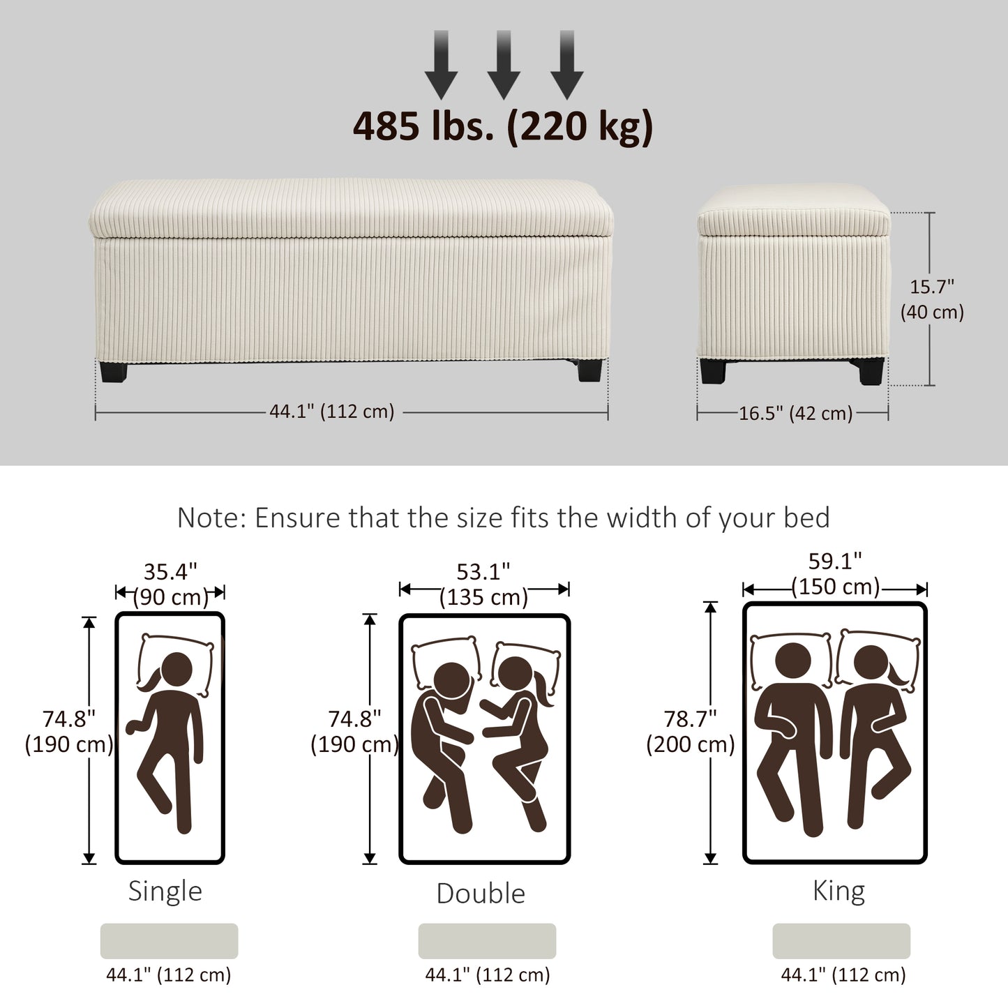 HOMCOM 44 Inch Pouf with Storage, Lid, Legs, Corduroy End of Bed Bench for Living Room, Bedroom, Entryway, Beige