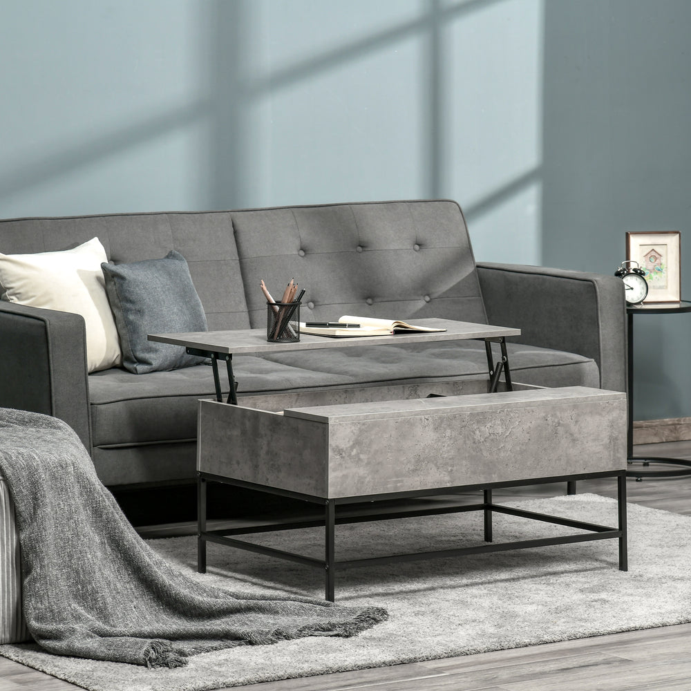 Table basse relevable avec compartiment de rangement dissimulé, gris