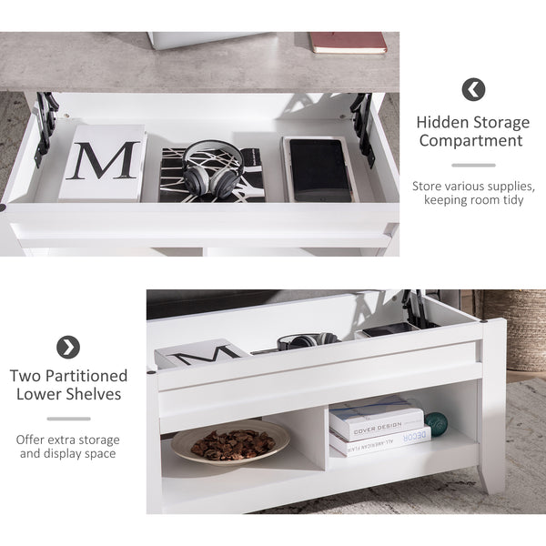Table basse relevable avec compartiment de rangement dissimulé et étagères ouvertes, blanche