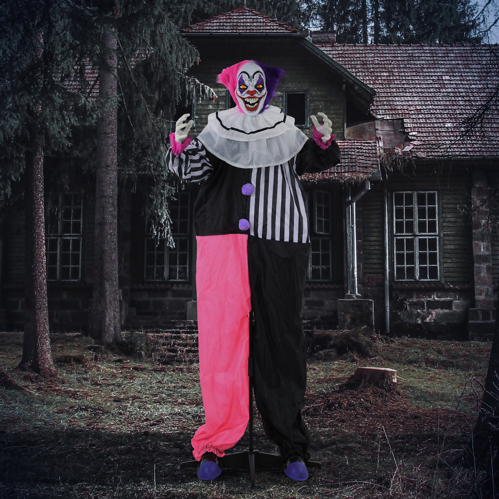 Clown animé d’Halloween de 68 po avec yeux DEL rouges, sons et mouvements – Noir, blanc et rose