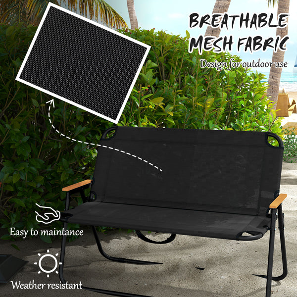 Folding 2-seater garden bench with armrests, black