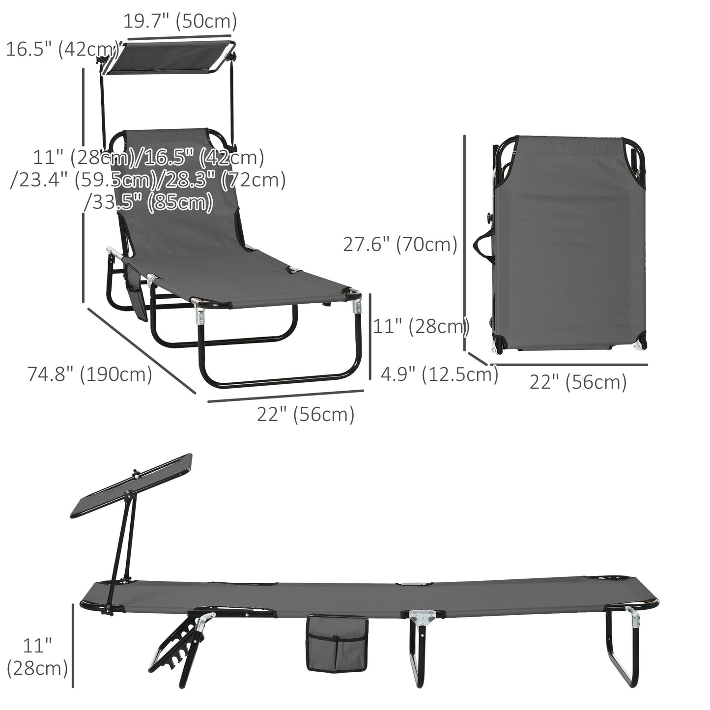 Lot de 2 chaises longues avec dossier inclinable avec parasol pour plage et terrasse, gris foncé