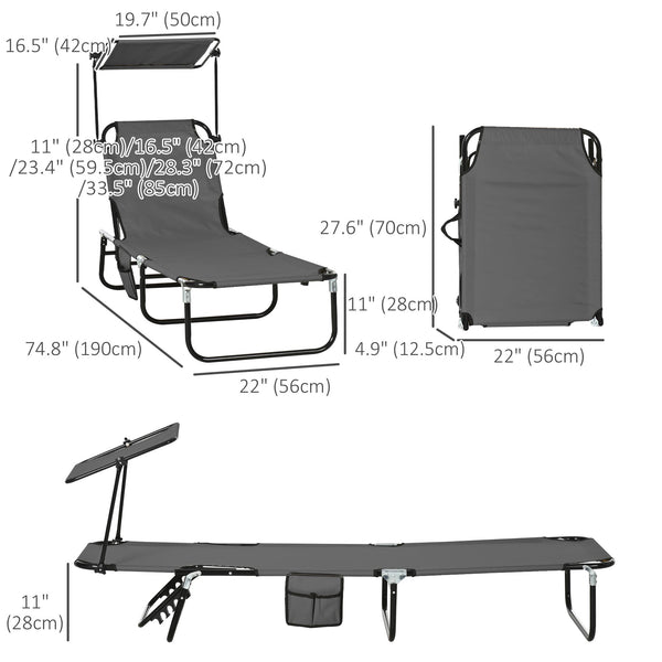 Lot de 2 chaises longues avec dossier inclinable avec parasol pour plage et terrasse, gris foncé