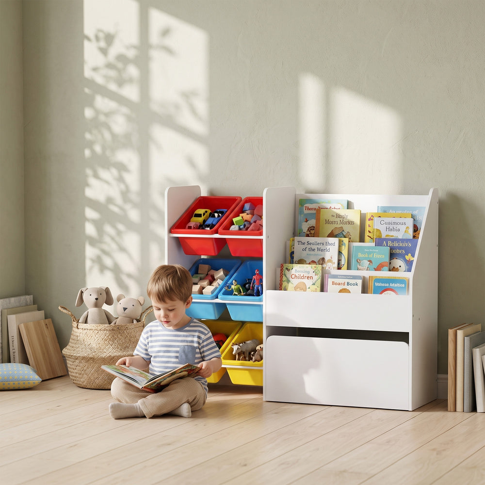 Meuble de rangement pour jouets avec bibliothèque, 6 bacs et coffre sur roulettes, blanc