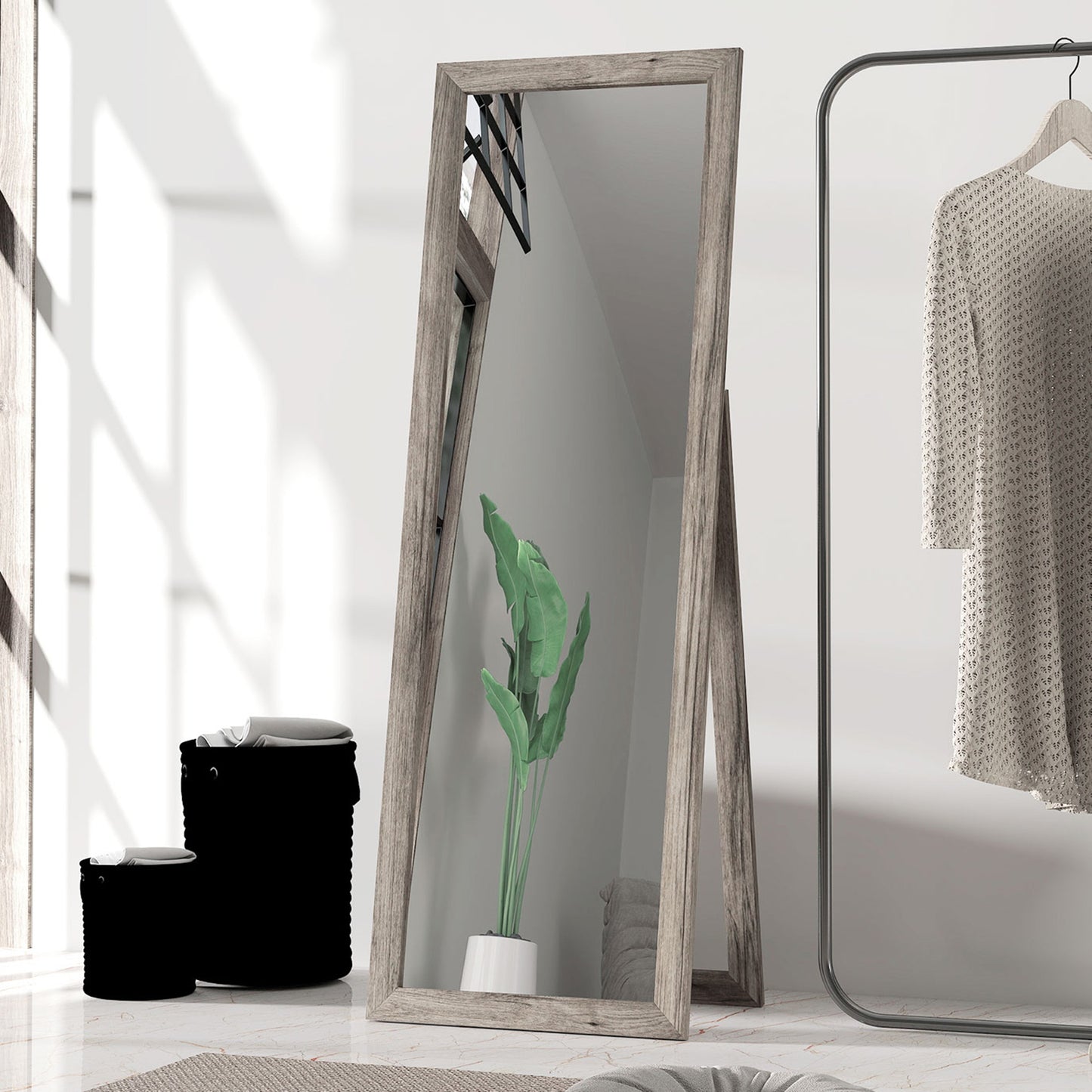 Miroir intégral pour chambre à coucher, salon, grain de bois gris