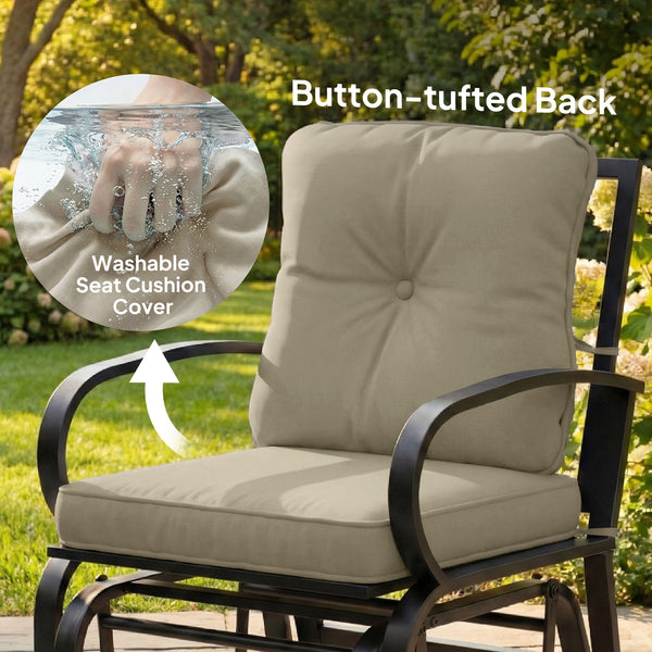 Fauteuil à bascule avec coussins, structure en acier, accoudoirs incurvés, beige