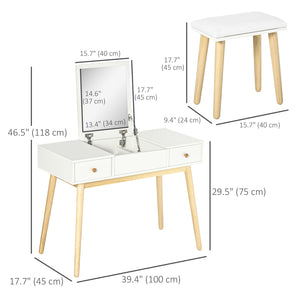 Coiffeuse avec miroir rabattable et tabouret rembourré, blanc