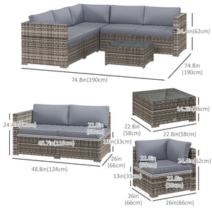 4 Pieces Rattan Wicker Outdoor Conversation Furniture Set w/ Corner Sofa Loveseats Coffee Table Cushions, Grey