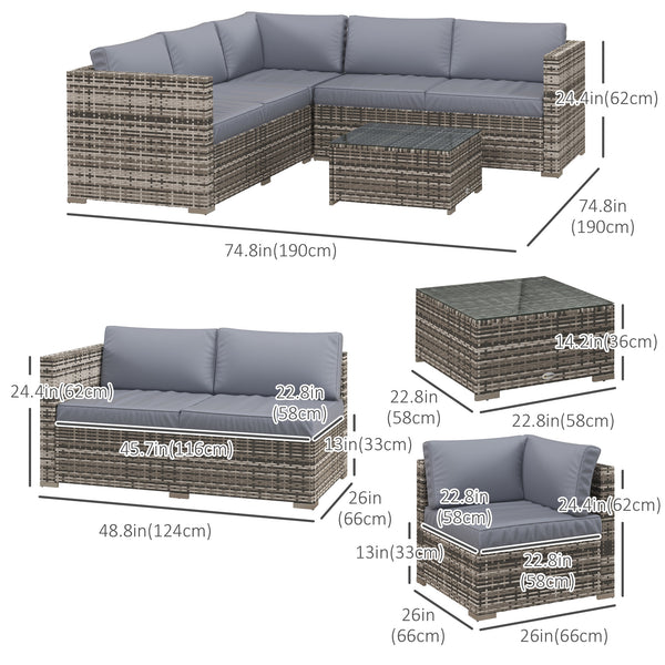 4 Pieces Rattan Wicker Outdoor Conversation Furniture Set w/ Corner Sofa Loveseats Coffee Table Cushions, Grey