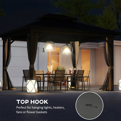 Gazebo 10' x 12' à toit rigide, abri solaire avec toit métallique à deux niveaux, moustiquaire et crochet de suspension, brun foncé
