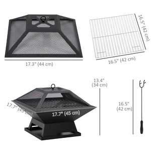 Foyer au bois avec grille de cuisson, pare-étincelles et tisonnier, noir