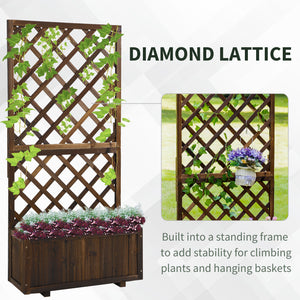 Raised planter in solid pine with integrated trellis, carbonized finish