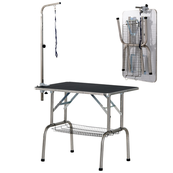 Stainless steel dog grooming table with adjustable arm and basket