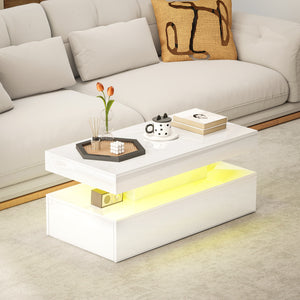 Table basse LED avec 2 tiroirs et étagère ouverte, blanc brillant