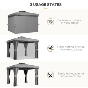 10' x 10' 2-Tier Outdoor Gazebo Canopy Tent with Zippered Mesh Sidewalls, Aluminum Frame for Patio, Backyard Light Gray
